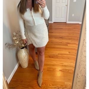 Preppy Reputation Ivory Plaid Tweed Faux-Wrap Mini Skirt